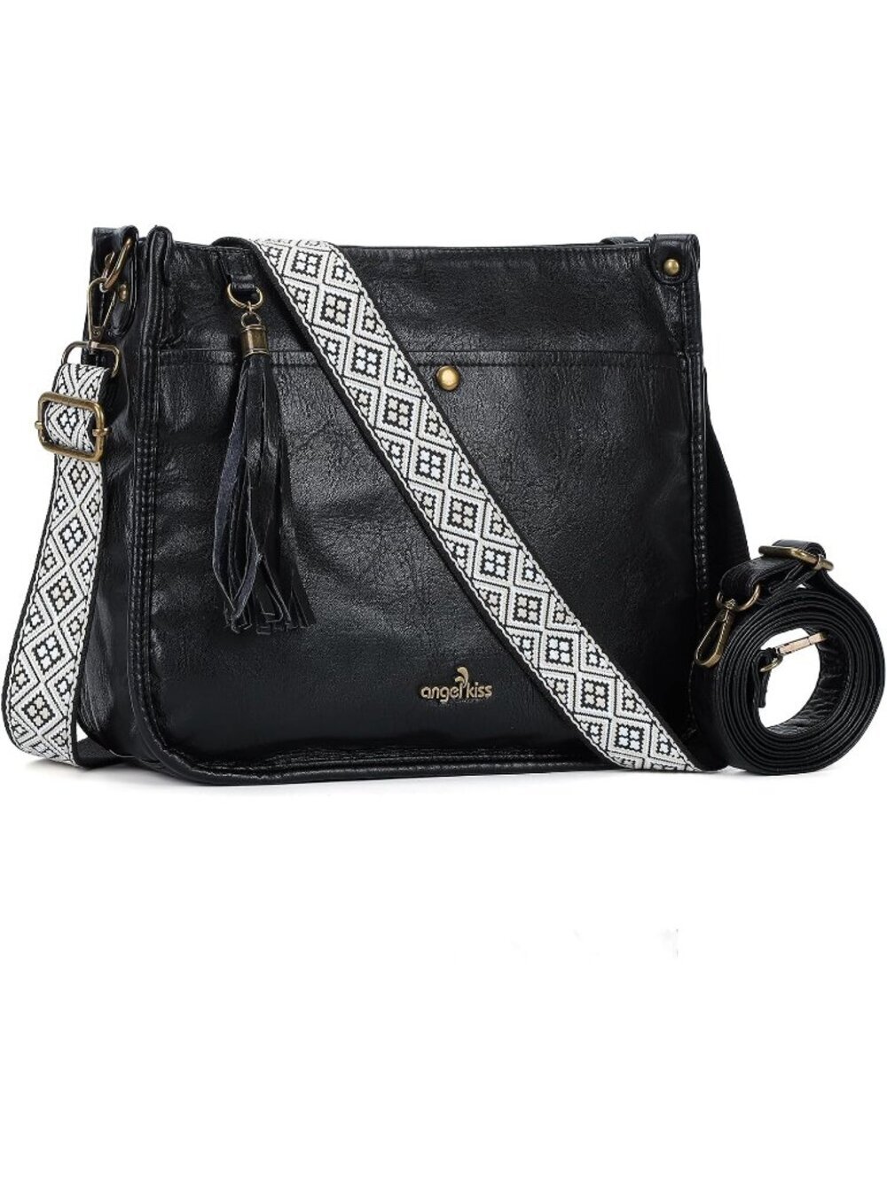 Women's Black Vegan Leather Crossbody Bags Ladies Tassel Bag with Guitar Strap